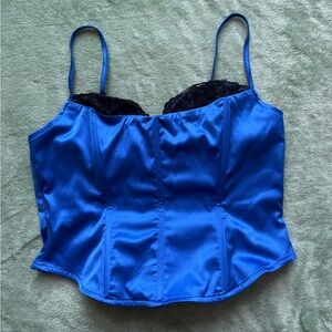 Elegant Blue Satin Camisole Corset with Lace Trim